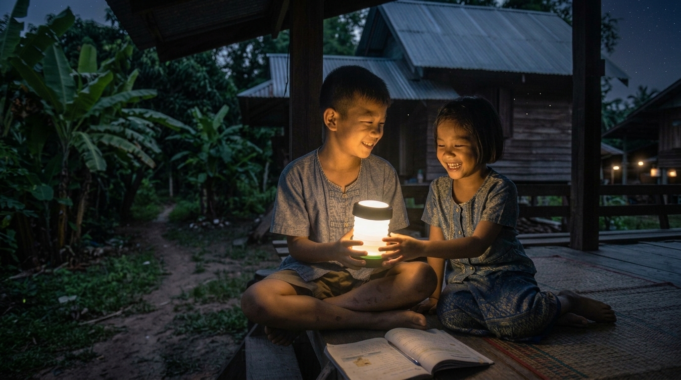 Children smiling with a solar light